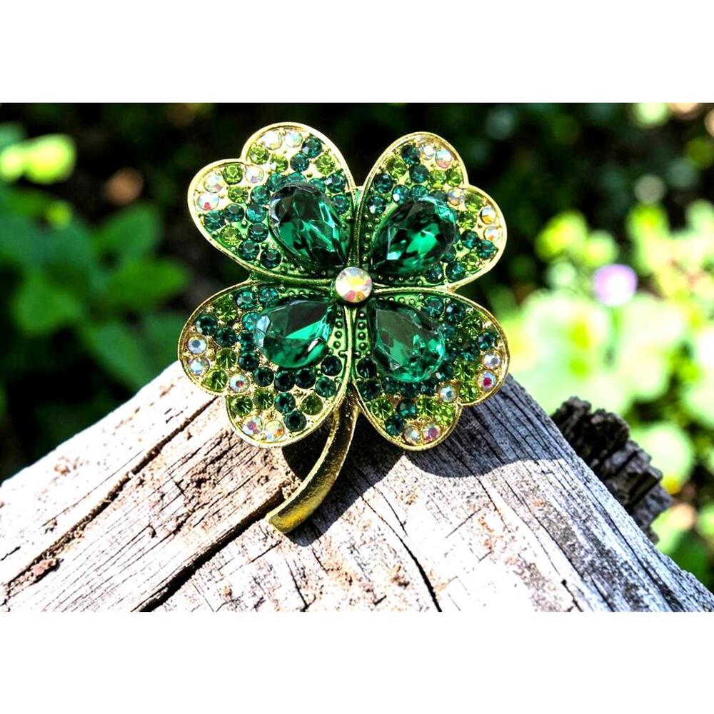St. Patrick's Day Lucky Green Crystal Four-Leaf Clover Brooch